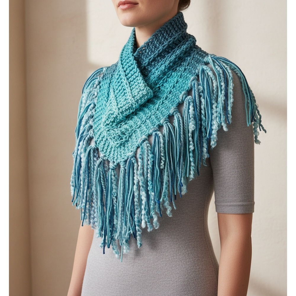 NEW Hand Knitted Blue Ombre Boho Cowl Scarf Fringe Coastal Fairyโ Artsy Western